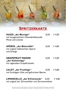Spritzerkarte Restaurant Alte Schmiede Rust am Neusiedler See Hugo Madini Lillet Aperol Limoncello Drescher