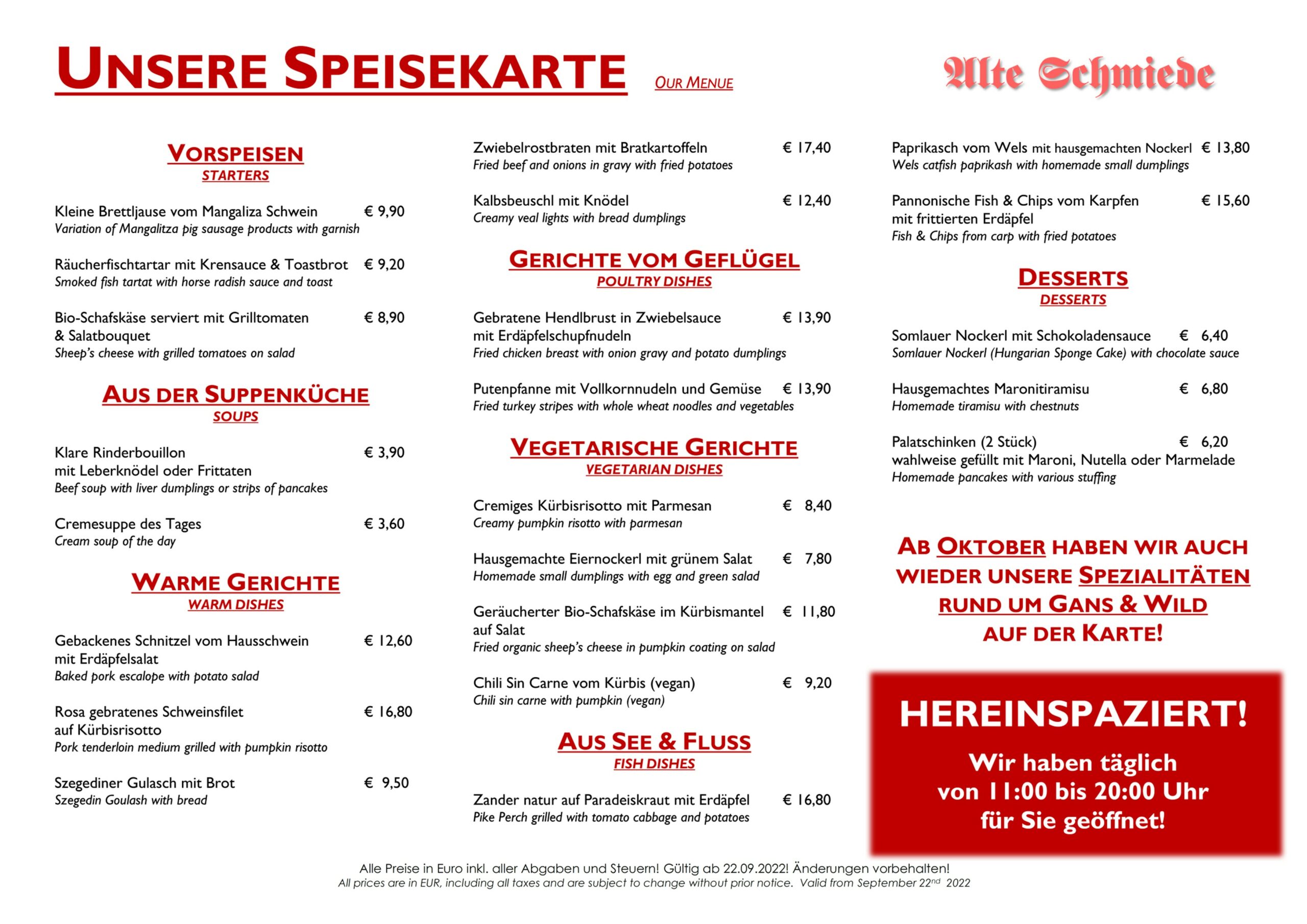 Speisekarte Restaurant Alte Schmiede Rust am Neusiedler See Fisch Fleisch vegetarisch vegan Herbst 2022 DRESCHER TOURISTIK DRescher LIne
