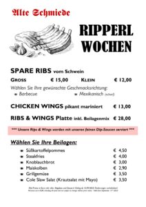 Speisekarte Ripperl Wochen Spare Ribs Restaurant Alte Schmiede Rust Neusiedler See Burgenland Drescher Touristik Drescher Line September 2022