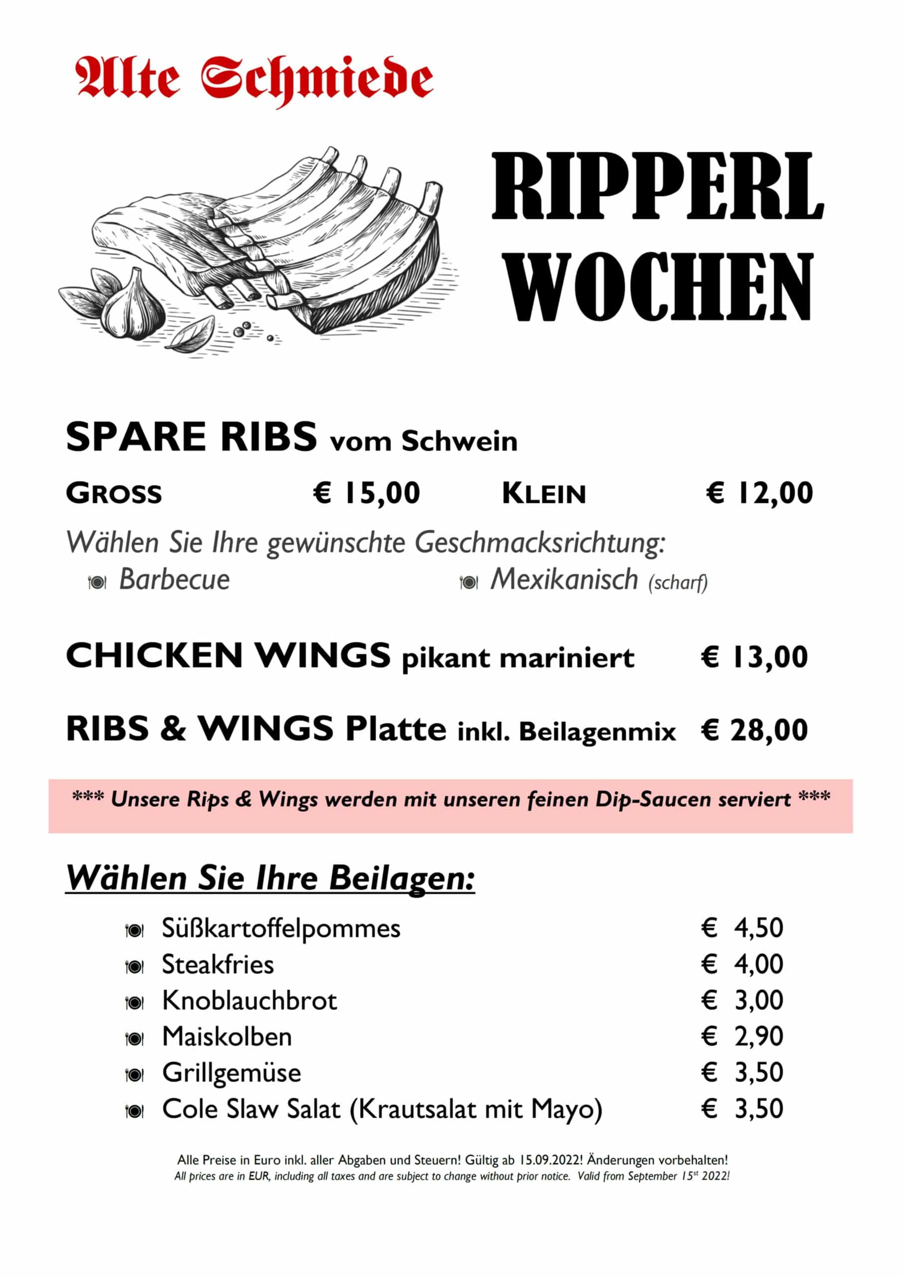 Speisekarte Ripperl Wochen Spare Ribs Restaurant Alte Schmiede Rust Neusiedler See Burgenland Drescher Touristik Drescher Line September 2022